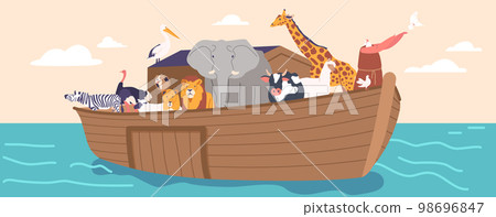 Genesis Flood Narrative Scene with Ark and Noah Letting Dove Fly into Sky. Ship with Saved Animals Sailing in Ocean 98696847