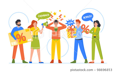Sellers Characters Announce Promotions to Confused Buyer. Aggressive Marketing Campaign Concept Vector Illustration Sellers Characters Announce Promotions to Confused Buyer. Aggressive Marketing Campaign Concept Vector Illustration 98696853