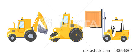 Heavy Transport for Construction and Building. Backhoe Loader, Roller and Forklift Truck Isolated on White Background Heavy Transport for Construction and Building. Backhoe Loader, Roller and Forklift Truck Isolated on White Background 98696864