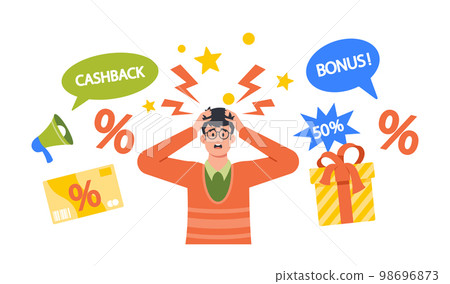 Nervous Young Man Character Outraged by Intrusive Advertising. Excessive Promotion Cartoon Vector Illustration Nervous Young Man Character Outraged by Intrusive Advertising. Excessive Promotion Cartoon Vector Illustration 98696873