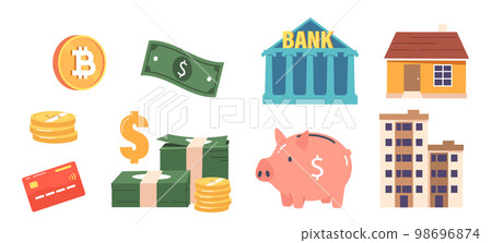 Financial Items Bank and Realty, Cryptocurrency, Credit Card, Piggy Bank, Banknote and Coins Cartoon Vector Illustration Financial Items Bank and Realty, Cryptocurrency, Credit Card, Piggy Bank, Banknote and Coins Cartoon Vector Illustration 98696874