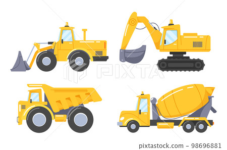 Heavy Transportation Cars and Construction Equipment for Building. Bulldozer, Excavator, Dump Truck and Concrete Mixer 98696881