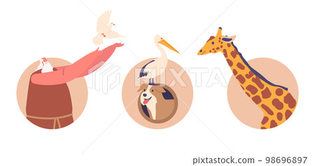 Noah Character Releases Dove. Saved by God Domestic and Wild Animals. Isolated Round Icons. Cartoon Vector Illustration 98696897
