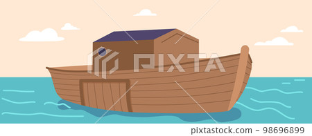 Noah Ark Surrounded by Water under Clear Sky. Great Ship for Salvation of Mankind. Cartoon Vector Illustration 98696899
