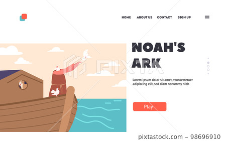 Story of Salvation of Life on Earth Landing Page Template. Noah Character Stand on Deck of Ark with Saved Dove and Dog Story of Salvation of Life on Earth Landing Page Template. Noah Character Stand on Deck of Ark with Saved Dove and Dog 98696910