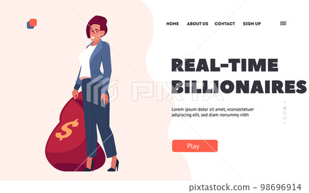 Real-time Billionaires Landing Page Template. Wealthy Young Woman with Money Bag. Businesswoman Receiving Income 98696914