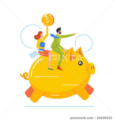 Couple Characters Riding Piggy Bank Showing Direction and Holding Golden Coin. Cartoon People Vector Illustration 98696920