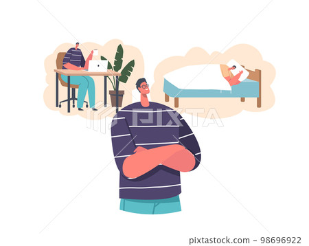 Choice between Work and Sleep by Young Man Isolated on White Background. Color Cartoon People Vector Illustration Choice between Work and Sleep by Young Man Isolated on White Background. Color Cartoon People Vector Illustration 98696922