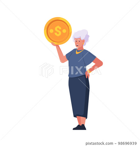 Senior Woman Character Holds Large Golden Coin. Prosperous Life in Old Age. Cartoon People Vector Illustration Senior Woman Character Holds Large Golden Coin. Prosperous Life in Old Age. Cartoon People Vector Illustration 98696939