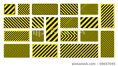Various black and yellow warning signs with diagonal lines. Attention, danger or caution sign, construction site signage. Realistic notice signboard, warning banner, road shield. Vector illustration Various black and yellow warning signs with diagonal lines. Attention, danger or caution sign, construction site signage. Realistic notice signboard, warning banner, road shield. Vector illustration 98697049