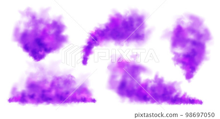 Violet colorful smoke clouds isolated on white background, realistic mist effect, fog. Vapor in the air, steam flow. Vector illustration Violet colorful smoke clouds isolated on white background, realistic mist effect, fog. Vapor in the air, steam flow. Vector illustration 98697050