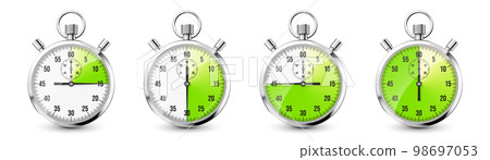 Realistic classic stopwatch icons. Shiny metal chronometer time counter with dial. Green countdown timer showing minutes and seconds. Time measurement for sport, start and finish. Vector illustration 98697053