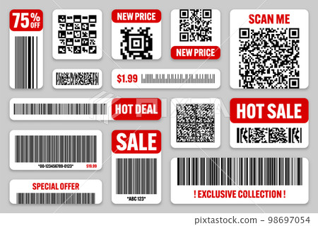 Set of product barcodes and QR codes. Special offer, sale stickers, shopping discount label or promotional badge. Serial number, product ID. Supermarket retail label, price tag. Vector illustration Set of product barcodes and QR codes. Special offer, sale stickers, shopping discount label or promotional badge. Serial number, product ID. Supermarket retail label, price tag. Vector illustration 98697054