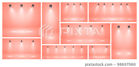 Empty peach studio abstract backgrounds with spotlights. Product showcase backdrop with spotlight effect. Stage lighting. Vector illustration 98697060
