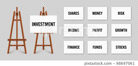 Realistic paint desk with text on white canvas. Wooden easel and a sheet of drawing paper. Presentation board on a tripod. Business investment, economics and finance. Vector illustration 98697061