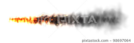 Realistic black smoke with fire, space rocket launch trail. Fire burst, explosion. Missile or bullet trace. Jet aircraft track. Smoke clouds, fog. Steam flow. Vector illustration 98697064