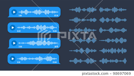 Voice, audio message, blue speech bubble. SMS text frame. Social media chat or messaging app conversation. Voice assistant, recorder. Sound wave pattern. Dark mode. Vector illustration Voice, audio message, blue speech bubble. SMS text frame. Social media chat or messaging app conversation. Voice assistant, recorder. Sound wave pattern. Dark mode. Vector illustration 98697069