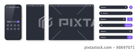 Smartphone, blank internet browser window and search bar templates, dark mode. Web site engine with search box, address bar and text field. UI design, website interface elements. Vector illustration 98697071