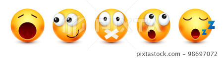 Cartoon emoji, emoticons collection. Yellow face with emotions, mood. Facial expression, realistic emoji. Sad, happy, angry faces. Funny character with smiling face. Vector illustration Cartoon emoji, emoticons collection. Yellow face with emotions, mood. Facial expression, realistic emoji. Sad, happy, angry faces. Funny character with smiling face. Vector illustration 98697072