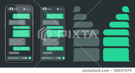 Realistic smartphone with messaging app. SMS text frame. Conversation chat screen with green message bubbles and placeholder text. Dark mode. Social media application. Vector illustration Realistic smartphone with messaging app. SMS text frame. Conversation chat screen with green message bubbles and placeholder text. Dark mode. Social media application. Vector illustration 98697074