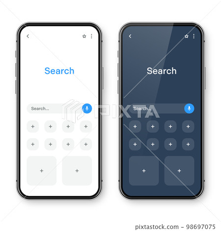 Smartphone with blank internet browser window and search bar, dark mode. Web site engine with search box, address bar and text field. UI design, website interface elements. Vector illustration Smartphone with blank internet browser window and search bar, dark mode. Web site engine with search box, address bar and text field. UI design, website interface elements. Vector illustration 98697075