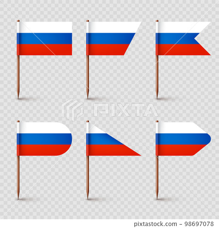 Realistic various Russian toothpick flags. Souvenir from Russia. Wooden toothpicks with paper flag. Location mark, map pointer. Blank mockup for advertising and promotions. Vector illustration 98697078