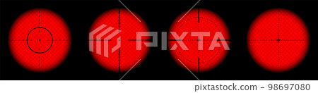 Various weapon thermal infrared sights, sniper rifle optical scopes. Hunting gun viewfinder with crosshair. Aim, shooting mark symbol. Military target sign. Game UI element. Vector illustration 98697080