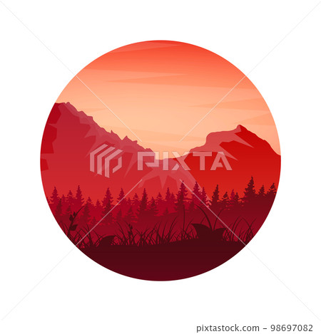 Colorful wild nature landscape, panorama with mountains, hills and forests. Travel and adventure, camping, wildlife. Coniferous trees, bushes and grasses. Vector illustration Colorful wild nature landscape, panorama with mountains, hills and forests. Travel and adventure, camping, wildlife. Coniferous trees, bushes and grasses. Vector illustration 98697082