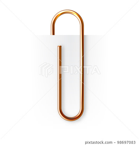 Realistic copper paperclip attached to paper isolated on white background. Shiny metal paper clip, page holder, binder. Workplace office supplies. Vector illustration Realistic copper paperclip attached to paper isolated on white background. Shiny metal paper clip, page holder, binder. Workplace office supplies. Vector illustration 98697083