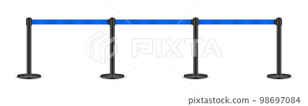 Realistic blue retractable belt stanchion. Crowd control barrier posts with caution strap. Queue lines. Restriction border and danger tape. Attention, warning sign. Vector illustration 98697084