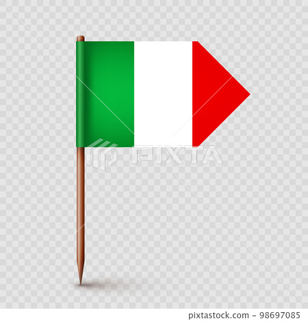 Realistic Italian toothpick flag. Souvenir from Italy. Wooden toothpick with paper flag. Location mark, map pointer. Blank mockup for advertising and promotions. Vector illustration Realistic Italian toothpick flag. Souvenir from Italy. Wooden toothpick with paper flag. Location mark, map pointer. Blank mockup for advertising and promotions. Vector illustration 98697085