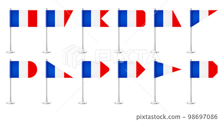 Realistic various French table flags on a chrome steel pole. Souvenir from France. Desk flag made of paper or fabric, shiny metal stand. Mockup for promotion and advertising. Vector illustration Realistic various French table flags on a chrome steel pole. Souvenir from France. Desk flag made of paper or fabric, shiny metal stand. Mockup for promotion and advertising. Vector illustration 98697086