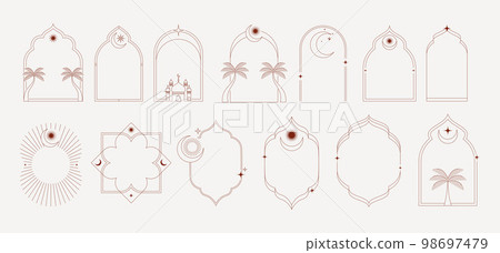 Collection of minimal linear style Islamic windows and arches with modern boho design, moon, mosque 98697479