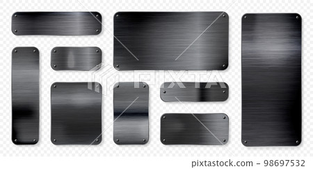 Realistic black metal banners collection. Brushed steel or aluminium plate, panel with screws. Polished metal surface. Old grunge texture with scratches. Vector illustration Realistic black metal banners collection. Brushed steel or aluminium plate, panel with screws. Polished metal surface. Old grunge texture with scratches. Vector illustration 98697532