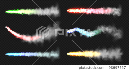 Realistic colorful space rocket trails. Festive fireworks launch. Fire burst, explosion. Missile or bullet trail. Jet aircraft tracks. Smoke clouds, fog. Steam flow. Vector illustration 98697537