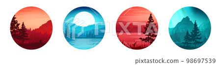 Colorful wild nature landscape, panorama with mountains, hills and forests. Travel and adventure, camping, wildlife. Coniferous trees, bushes and grasses. Vector illustration Colorful wild nature landscape, panorama with mountains, hills and forests. Travel and adventure, camping, wildlife. Coniferous trees, bushes and grasses. Vector illustration 98697539