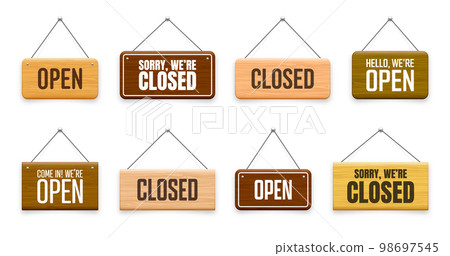 Wooden open or closed hanging signboards. Made of wood door sign for cafe, restaurant, bar or retail store. Announcement banner, information signage for business or service. Vector illustration 98697545