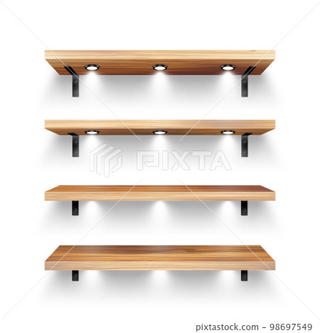 Realistic wooden store shelves with wall mount and lighting, spotlights. Empty product shelf, grocery wall rack. Mall and supermarket furniture, bookshelf. Interior design. Vector illustration 98697549