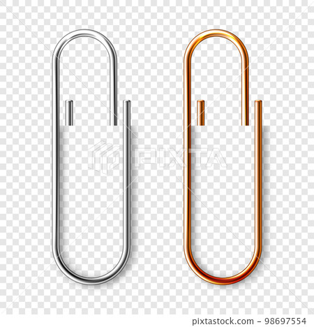 Realistic copper and steel paperclips attached to paper. Shiny metal paper clip, page holder, binder. Workplace office supplies. Vector illustration Realistic copper and steel paperclips attached to paper. Shiny metal paper clip, page holder, binder. Workplace office supplies. Vector illustration 98697554