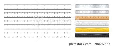 Realistic metal and plastic rulers. Measurement scales with divisions. Scale for measuring length or height in centimeters, inches. Ruler, tape measure marks, size indicators. Vector illustration Realistic metal and plastic rulers. Measurement scales with divisions. Scale for measuring length or height in centimeters, inches. Ruler, tape measure marks, size indicators. Vector illustration 98697563