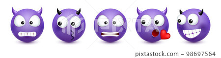 Cartoon emoji, emoticons collection. Violet face with emotions, mood. Facial expression, realistic emoji. Sad, happy, angry faces. Funny character with smiling face. Vector illustration 98697564