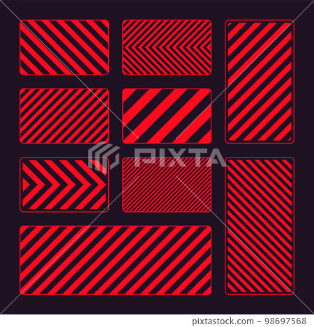 Various red warning signs with diagonal lines. Attention, danger or caution sign, construction site signage. Realistic notice signboard, warning banner, road shield. Vector illustration Various red warning signs with diagonal lines. Attention, danger or caution sign, construction site signage. Realistic notice signboard, warning banner, road shield. Vector illustration 98697568