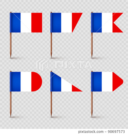 Realistic various French toothpick flags. Souvenir from France. Wooden toothpicks with paper flag. Location mark, map pointer. Blank mockup for advertising and promotions. Vector illustration 98697573