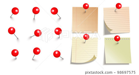 Realistic blank sticky notes isolated on white background. Brown sheets of note paper with red round push pins. Paper reminder and plastic pushpin with needle. Board tacks. Vector illustration 98697575
