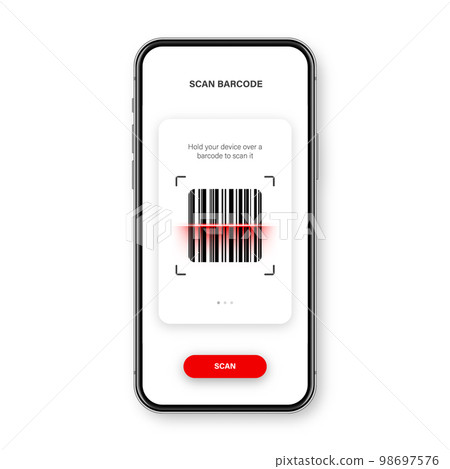 Barcode scanner, reader app for smartphone. Identification tracking code. Serial number, product ID with digital information. Store, supermarket scan labels, price tag. Vector illustration. 98697576