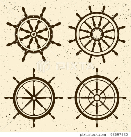 Collection of grunge vintage steering wheels. Ship, yacht retro wheel symbol. Nautical rudder icon. Marine design element. Vector illustration 98697580