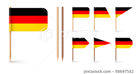 Realistic various German toothpick flags. Souvenir from Germany. Wooden toothpicks with paper flag. Location mark, map pointer. Blank mockup for advertising and promotions. Vector illustration Realistic various German toothpick flags. Souvenir from Germany. Wooden toothpicks with paper flag. Location mark, map pointer. Blank mockup for advertising and promotions. Vector illustration 98697582
