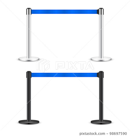 Realistic blue retractable belt stanchion. Crowd control barrier posts with caution strap. Queue lines. Restriction border and danger tape. Attention, warning sign. Vector illustration 98697590