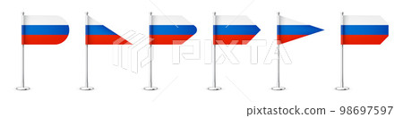 Realistic various Russian table flags on a chrome steel pole. Souvenir from Russia. Desk flag made of paper or fabric, shiny metal stand. Mockup for promotion and advertising. Vector illustration Realistic various Russian table flags on a chrome steel pole. Souvenir from Russia. Desk flag made of paper or fabric, shiny metal stand. Mockup for promotion and advertising. Vector illustration 98697597