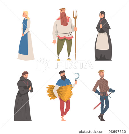 Medieval People Characters with Peasant with Hay and Pitchfork, Soldier and Priest Vector Set 98697810